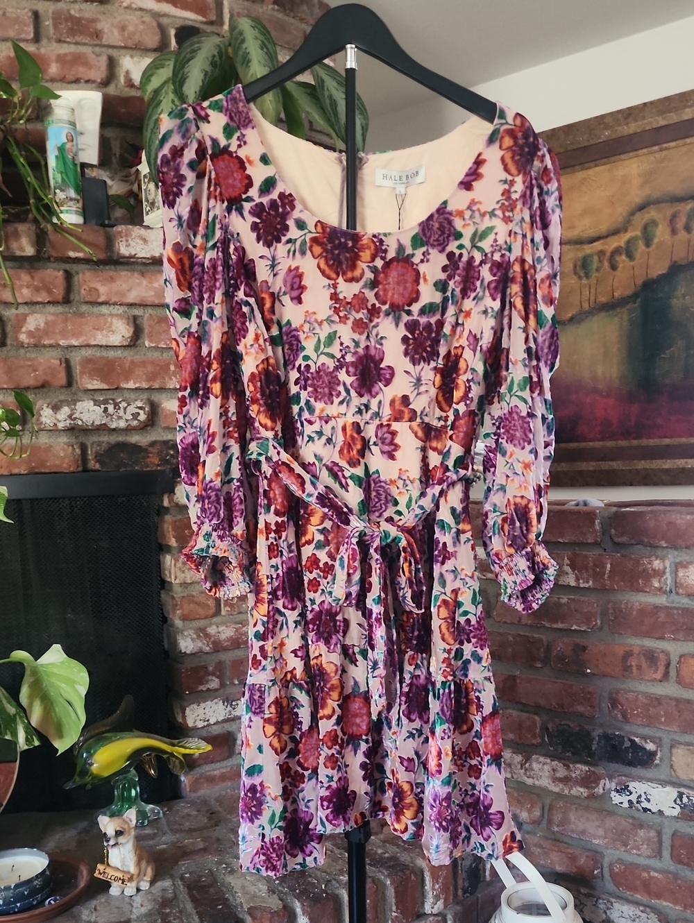 Hale Bob NWT Velvet Burnout Floral Mini Dress Pink Boho Romantic Size L
